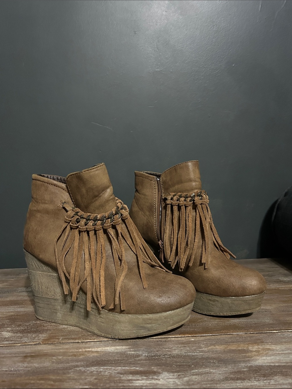 Fringed Wedge Ankle Boots in Tan